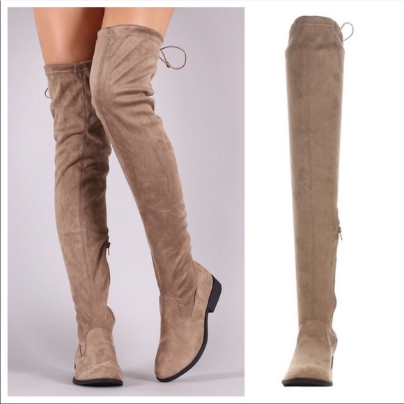 Over the Knee Boots Tan String TieBack Vegan Suede - Picture 4 of 4